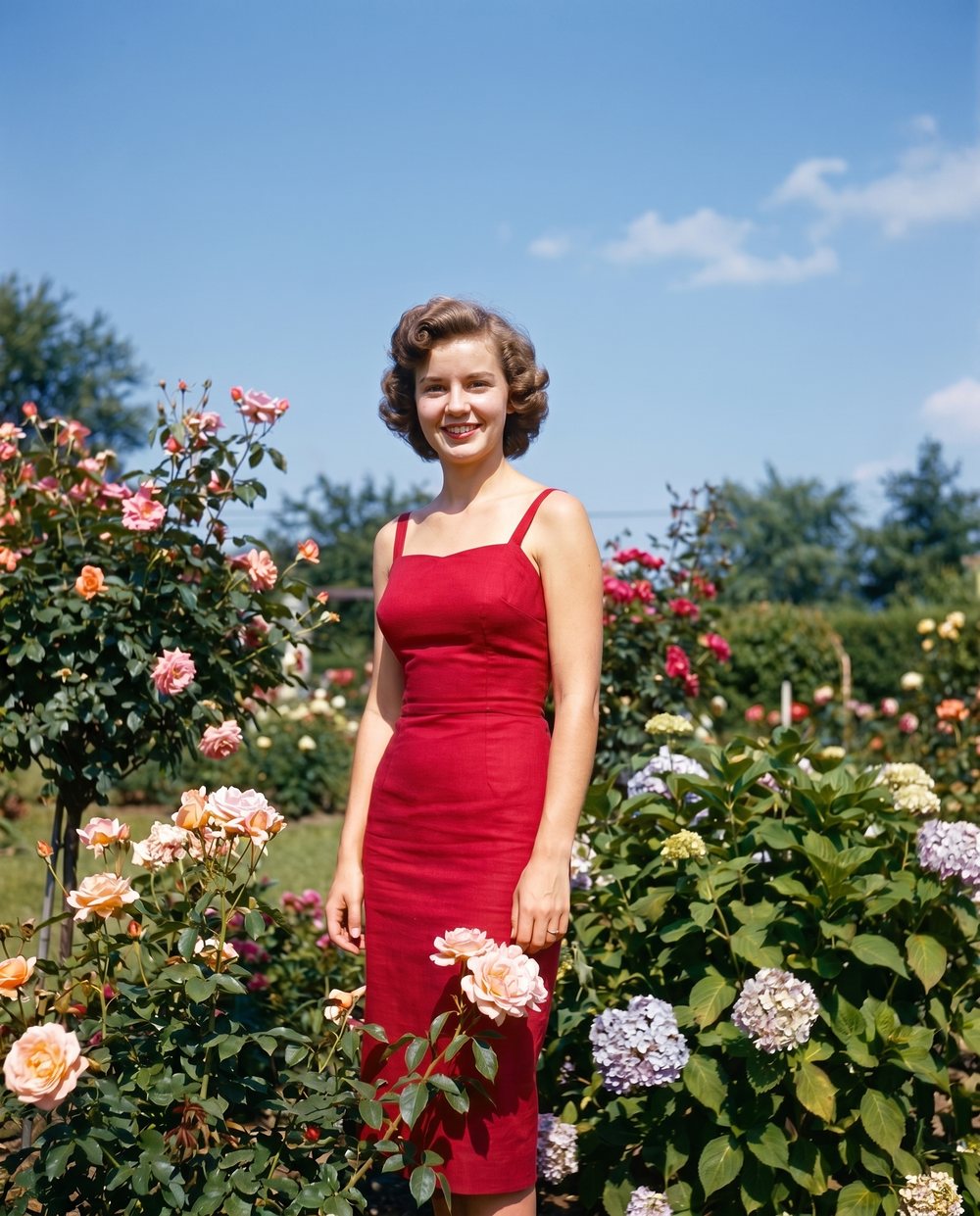 An old black-and-white photo of a woman in a red dress in a flower garden, colorized to full, lifelike color