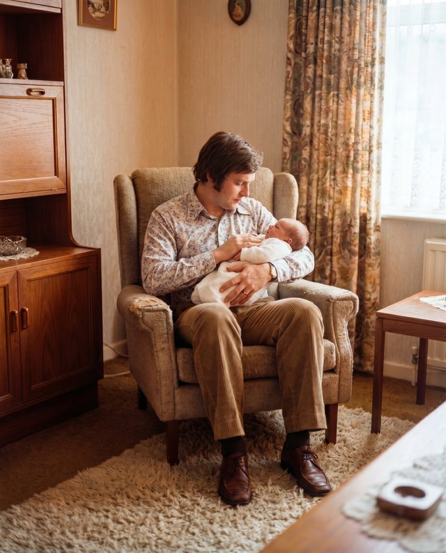 An old black-and-white 1971 photo of a father holding his newborn, colorized to full color