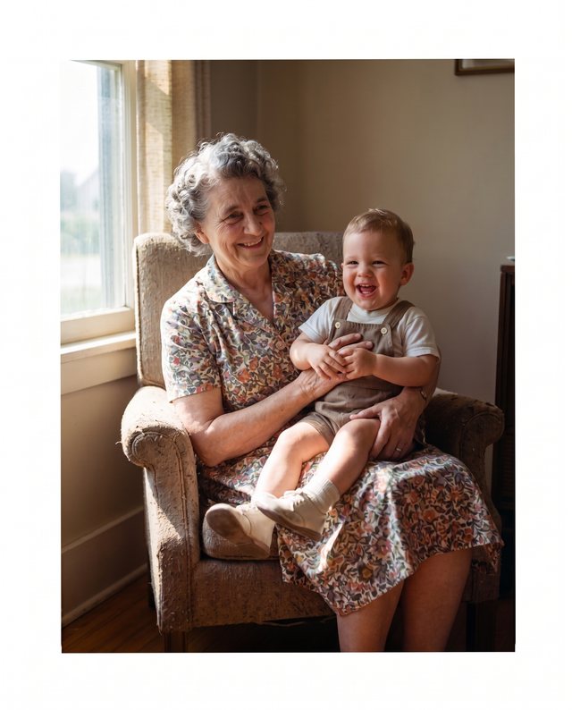 An old black-and-white 1962 photo of a grandmother holding her toddler, colorized to full color