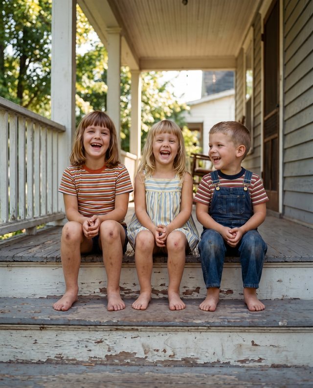 An old black-and-white 1968 photo of three children on a porch, colorized to full color