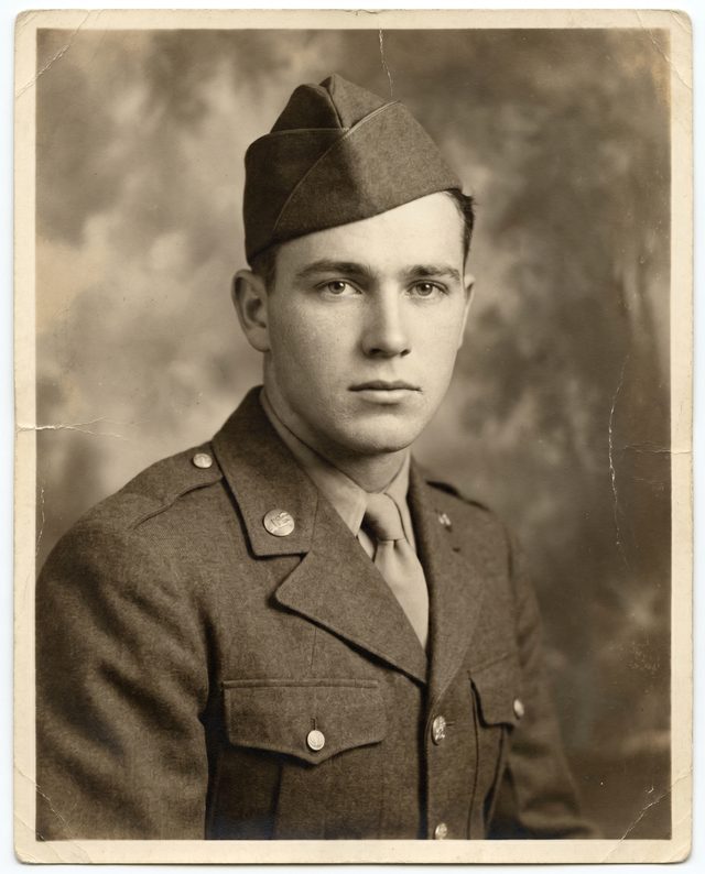 A 1945 portrait of a young man in military uniform, coming to life